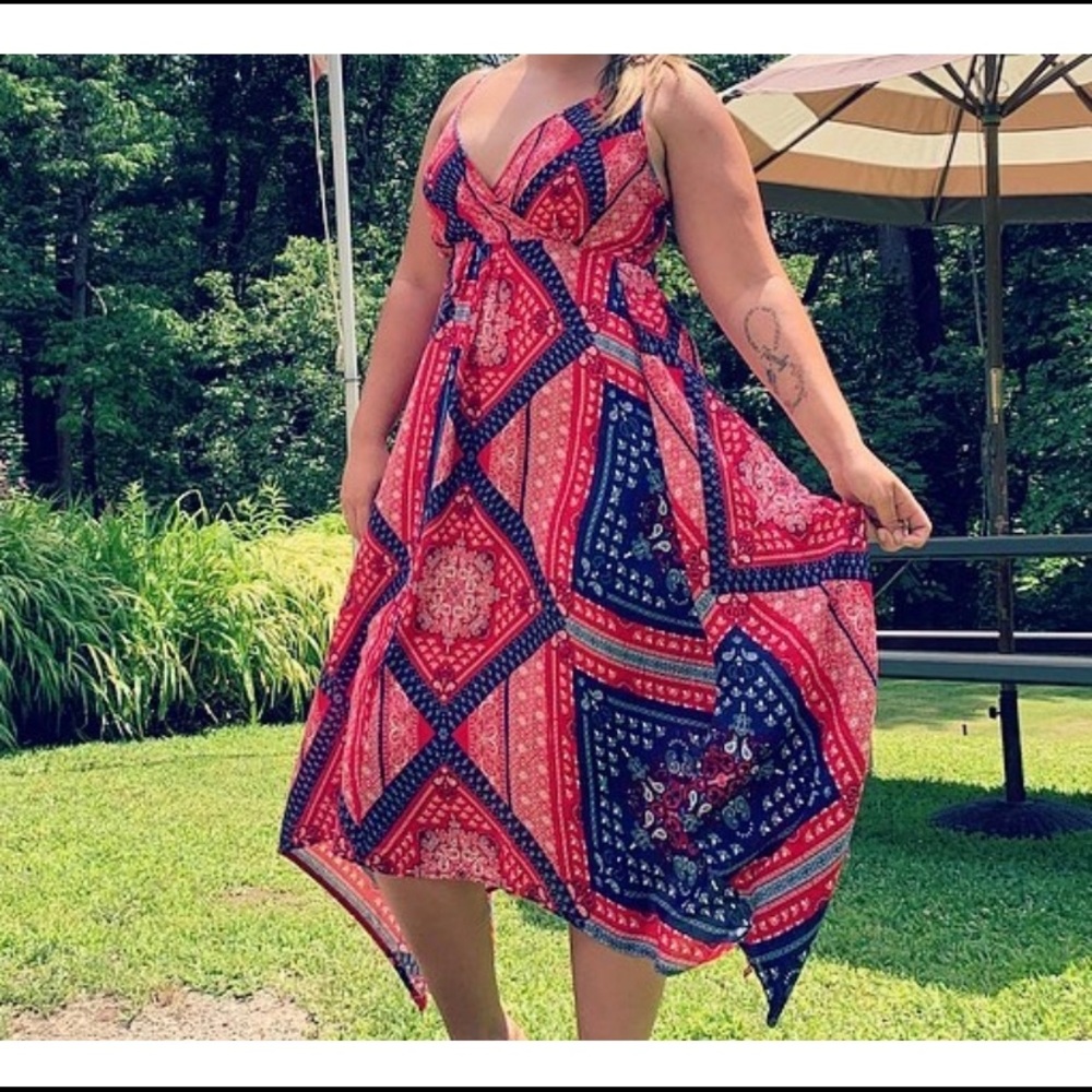 Red, White, Blue Bandana Print Summer Dress